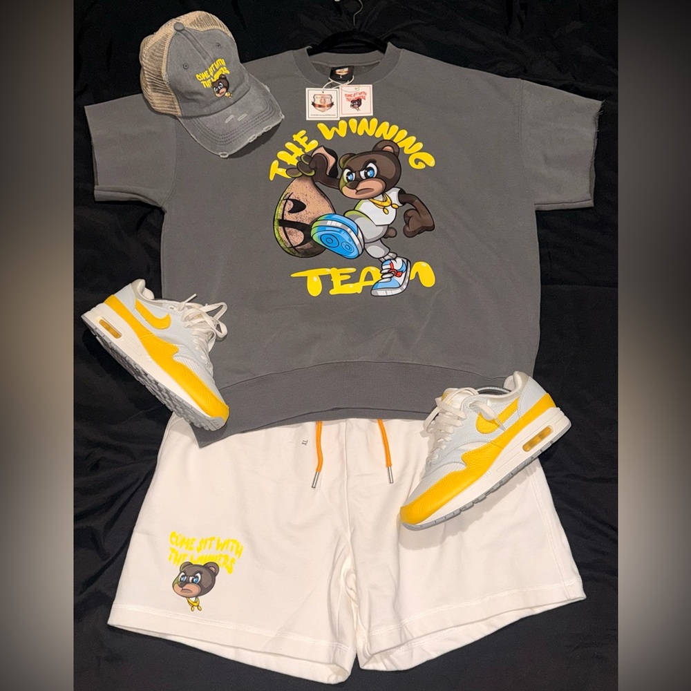 🏆THE WINNING TEAM🏆 Gray/maize and White Graphic hat Sweatshirt and Shorts Set